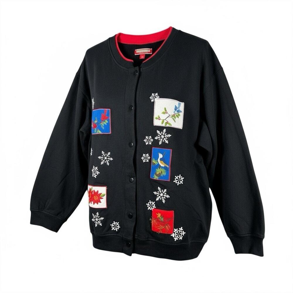 Christmas Sweater Cardigan Women's Size 1X Embroidered‎ sequins Birds Snowflakes